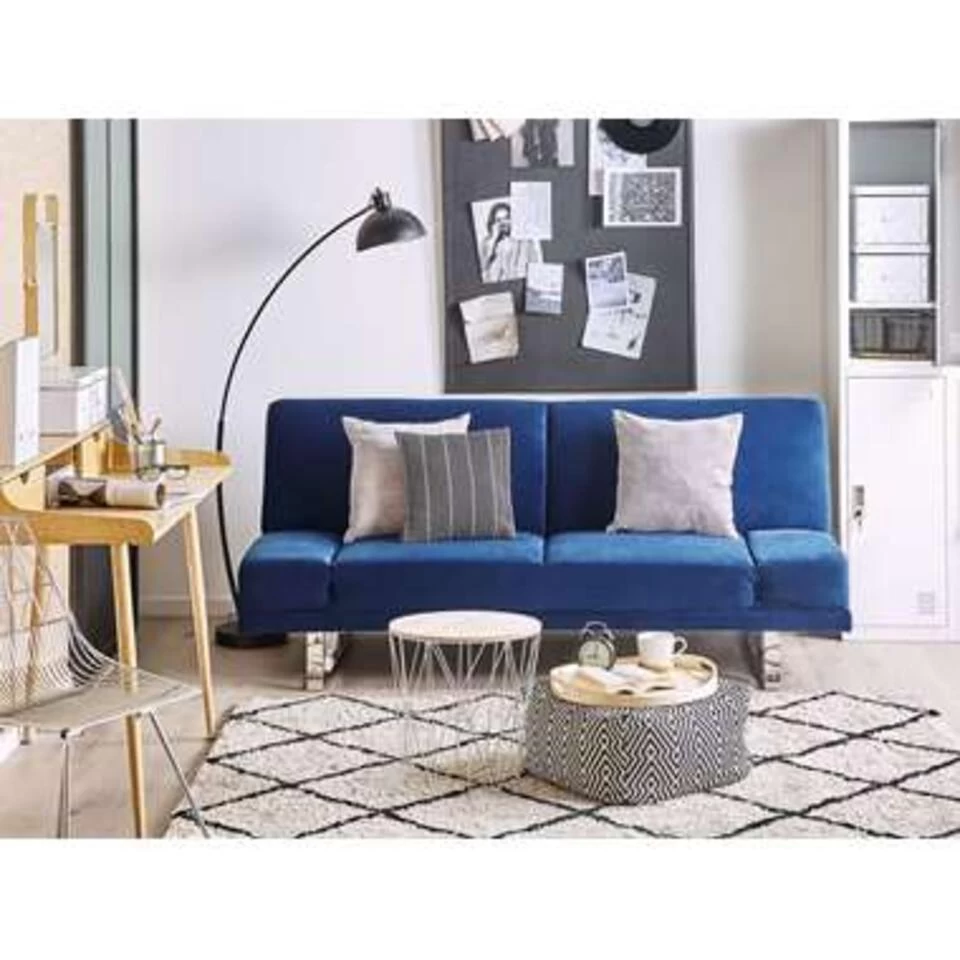 Beliani Slaapbank - YORK Blauw Fluweel 4 Beliani Slaapbank - YORK Blauw Fluweel - Image 2