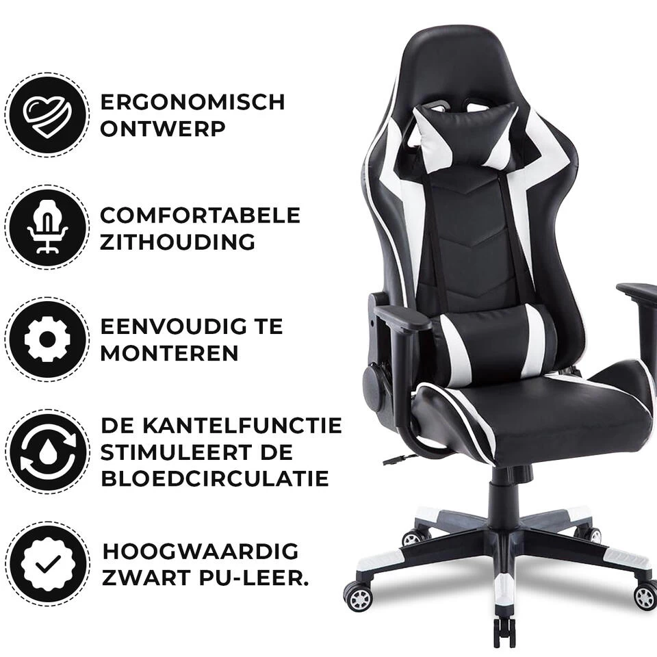 Gamestoel Las Vegas - Zwart / Wit - Gaming Stoel - Bureaustoel 4 Gamestoel Las Vegas - Zwart / Wit - Gaming Stoel - Bureaustoel - Image 2