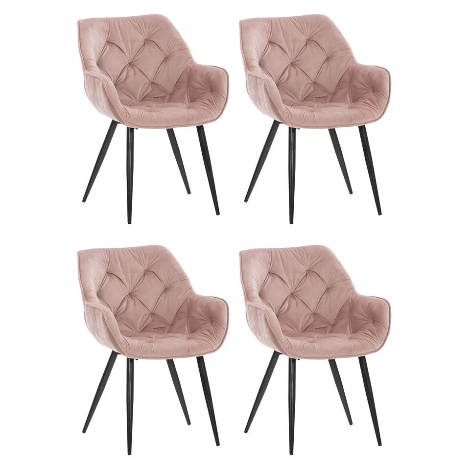CLP Set Van 4 Eetkamerstoelen Tanna Fluweel Roze 3 CLP Set Van 4 Eetkamerstoelen Tanna Fluweel Roze